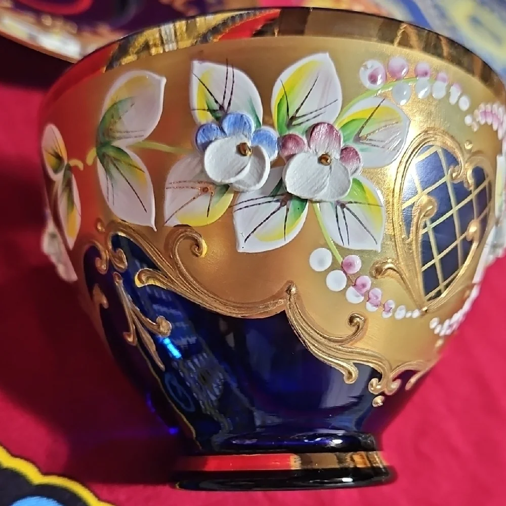 Vintage Bohemian Cobalt Blue Glass Tea Cup & Saucer Set 24K Gold High Enamel